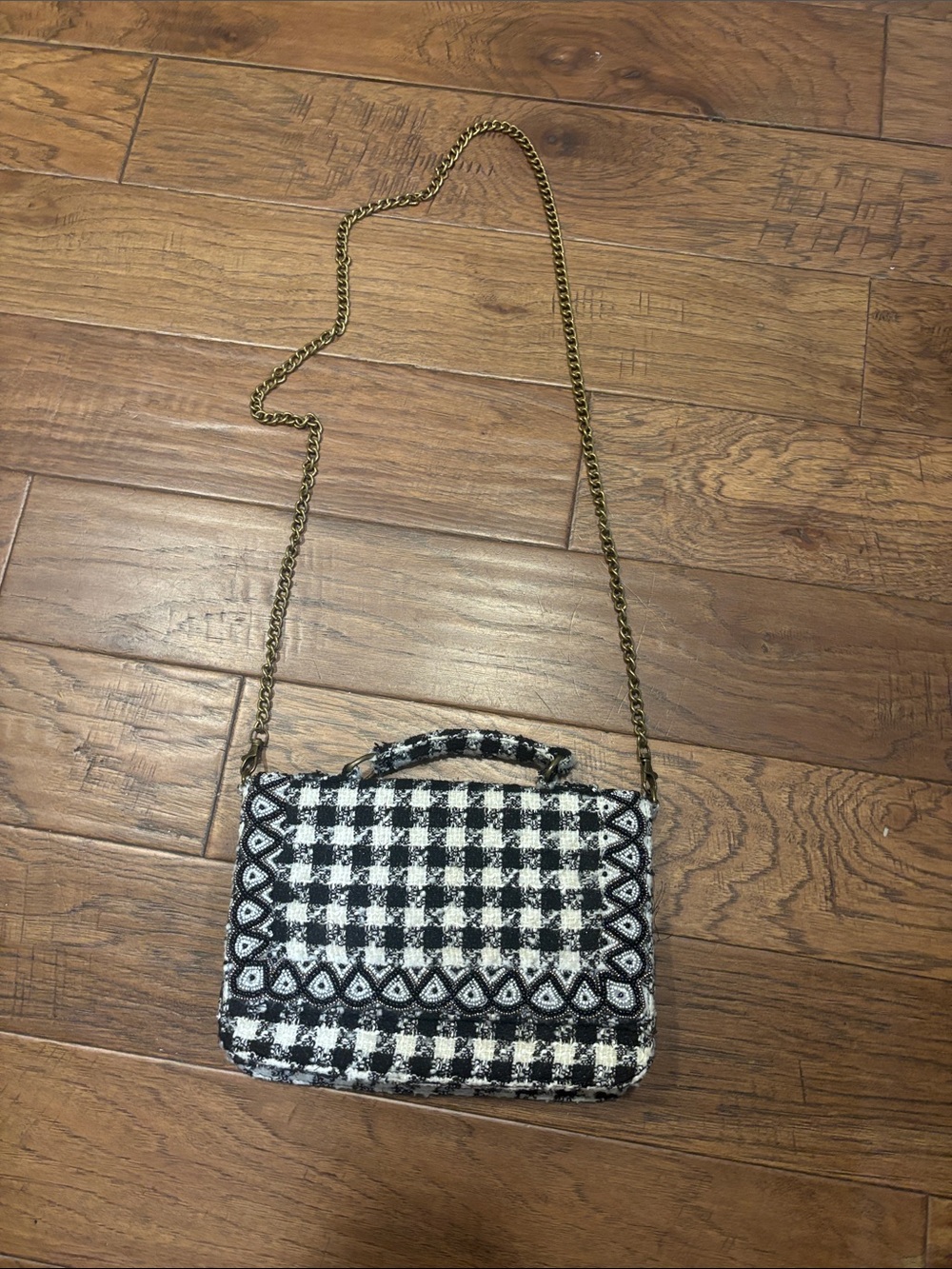 America and Beyond Black & White Tweed Crossbody Bag with Chain Strap